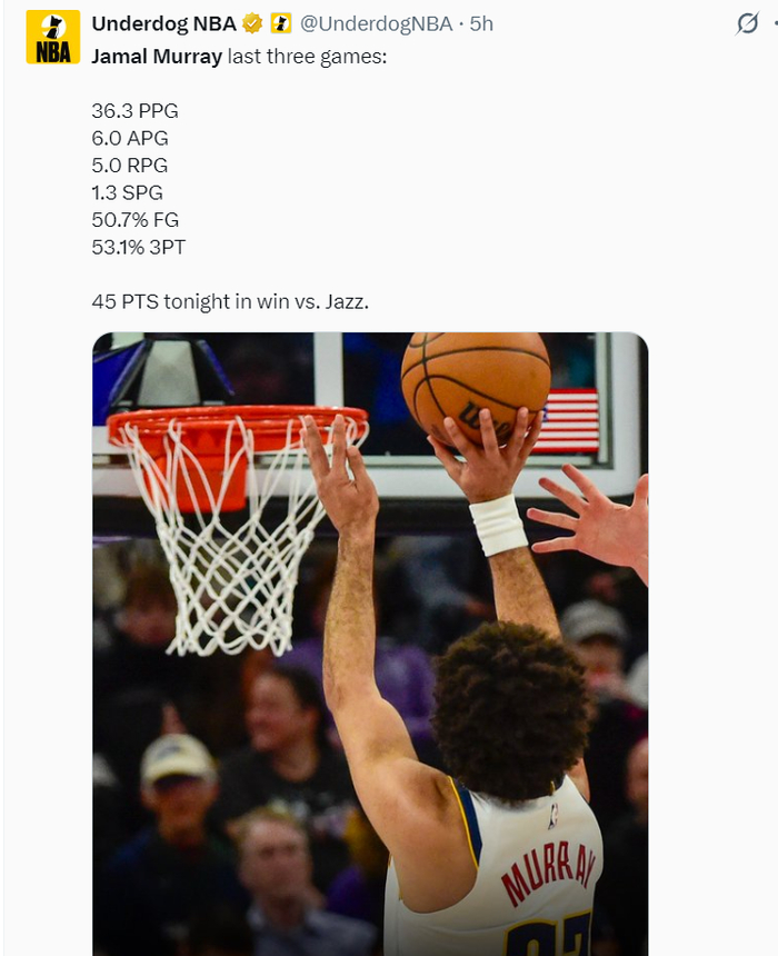 在线下注-穆雷狂轰45分连刷四纪录！近三战109分势头猛烈 阿德尔曼：他扛起球队|掘金|约基奇|贾马尔-穆雷|NBA常规赛|丹佛掘金队_新浪体育_新浪新闻